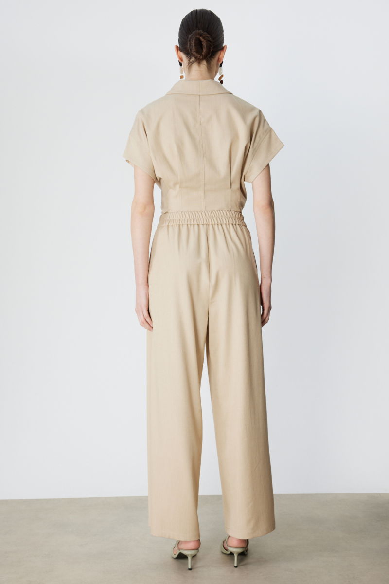 On Kadın Beli Lastikli Bol Paça Kumaş Pantolon 70701 Bej - 4