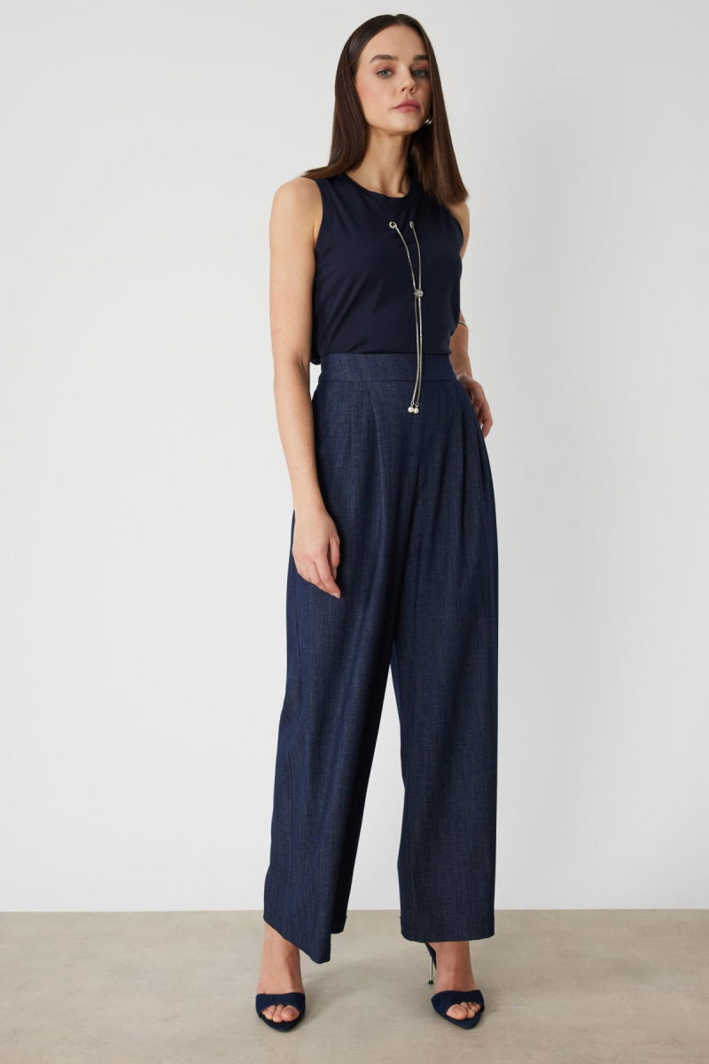 On Kadın Beli Lastikli Bol Paça Kumaş Pantolon 70701 Indigo - 2