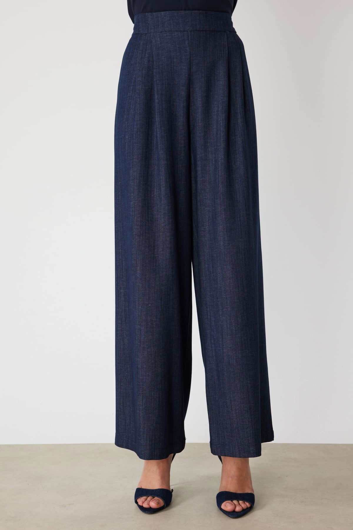 On Kadın Beli Lastikli Bol Paça Kumaş Pantolon 70701 Indigo - 3