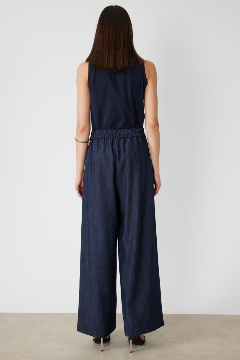 On Kadın Beli Lastikli Bol Paça Kumaş Pantolon 70701 Indigo - 4