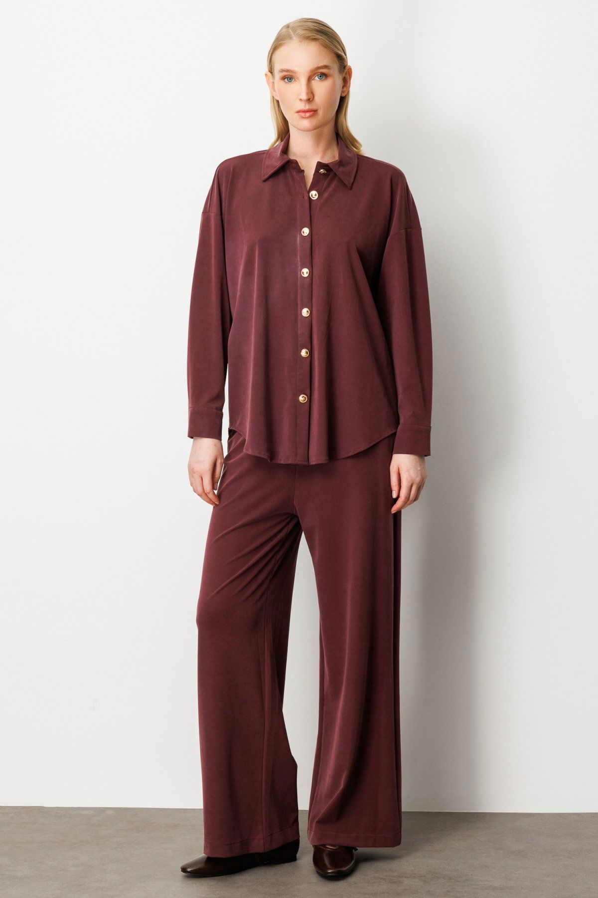 On Kadın Beli Lastikli Bol Paça Pantolon 66307 Bordo - 1
