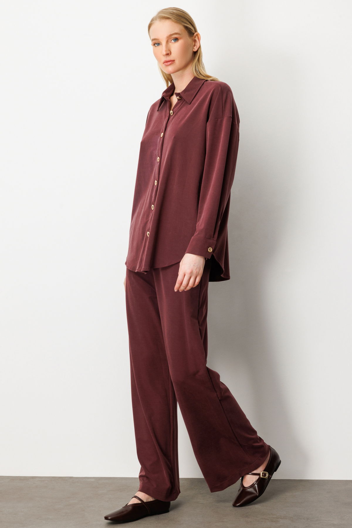 On Kadın Beli Lastikli Bol Paça Pantolon 66307 Bordo - 2