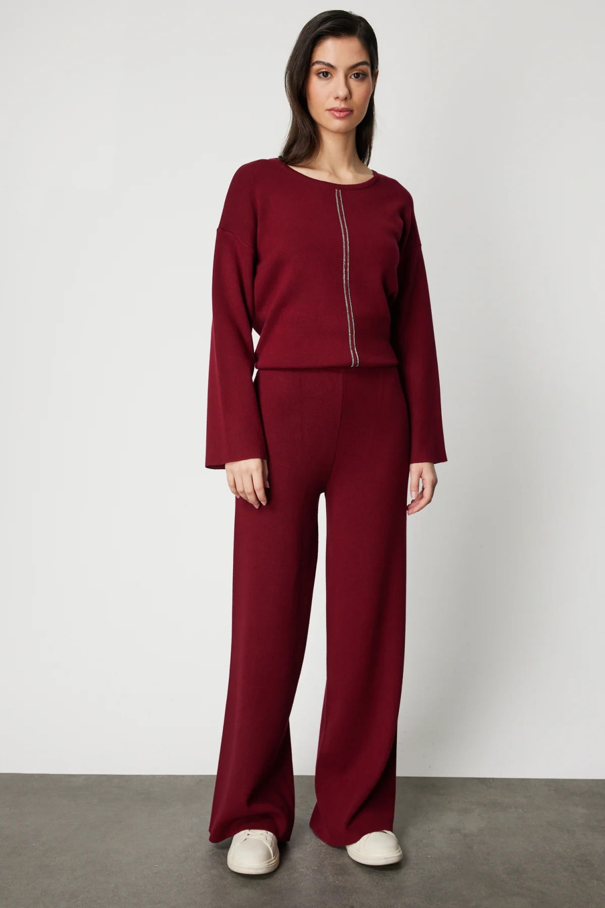 On Kadın Beli Lastikli Bol Paça Triko Pantolon 63321 Bordo - 1