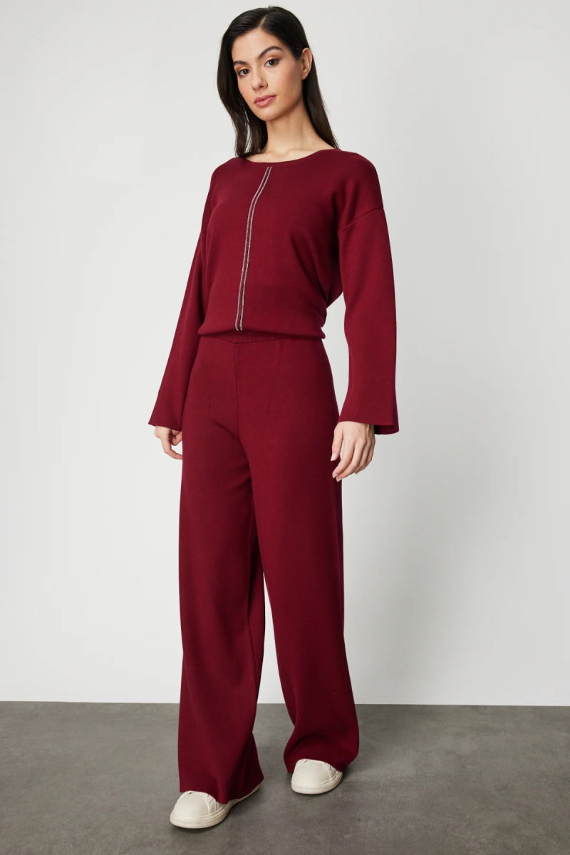 On Kadın Beli Lastikli Bol Paça Triko Pantolon 63321 Bordo - 2