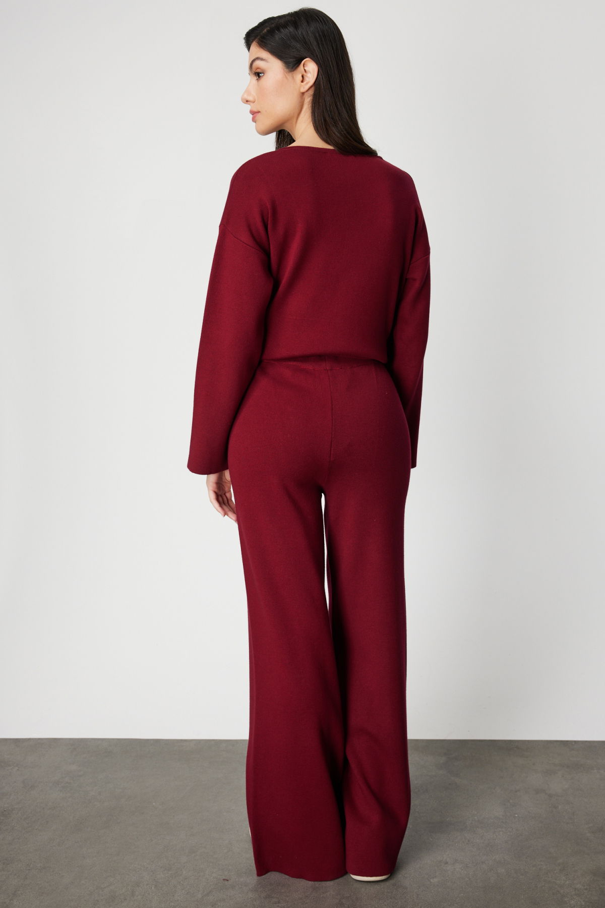 On Kadın Beli Lastikli Bol Paça Triko Pantolon 63321 Bordo - 4