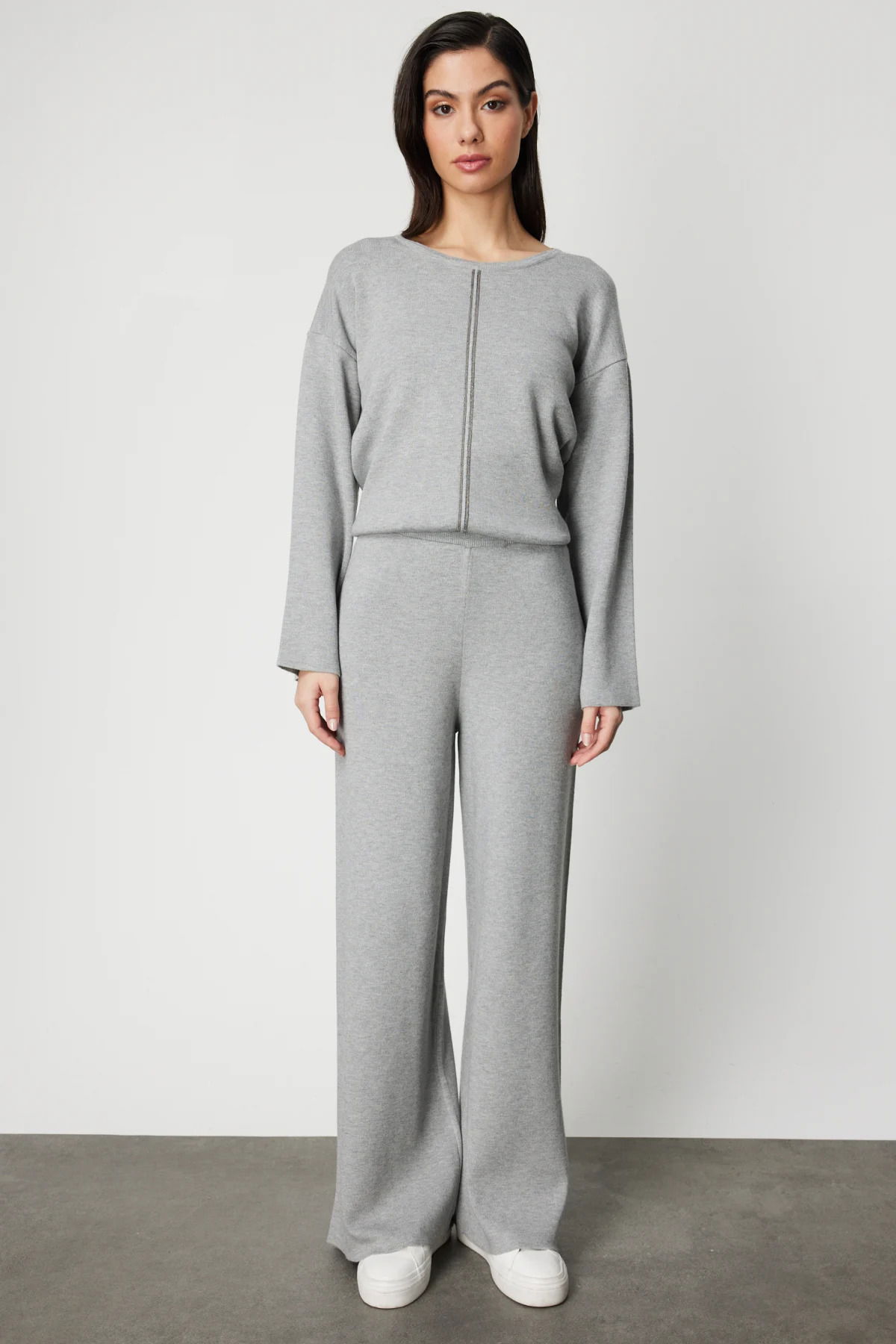 On Kadın Beli Lastikli Bol Paça Triko Pantolon 63321 Gri - 1