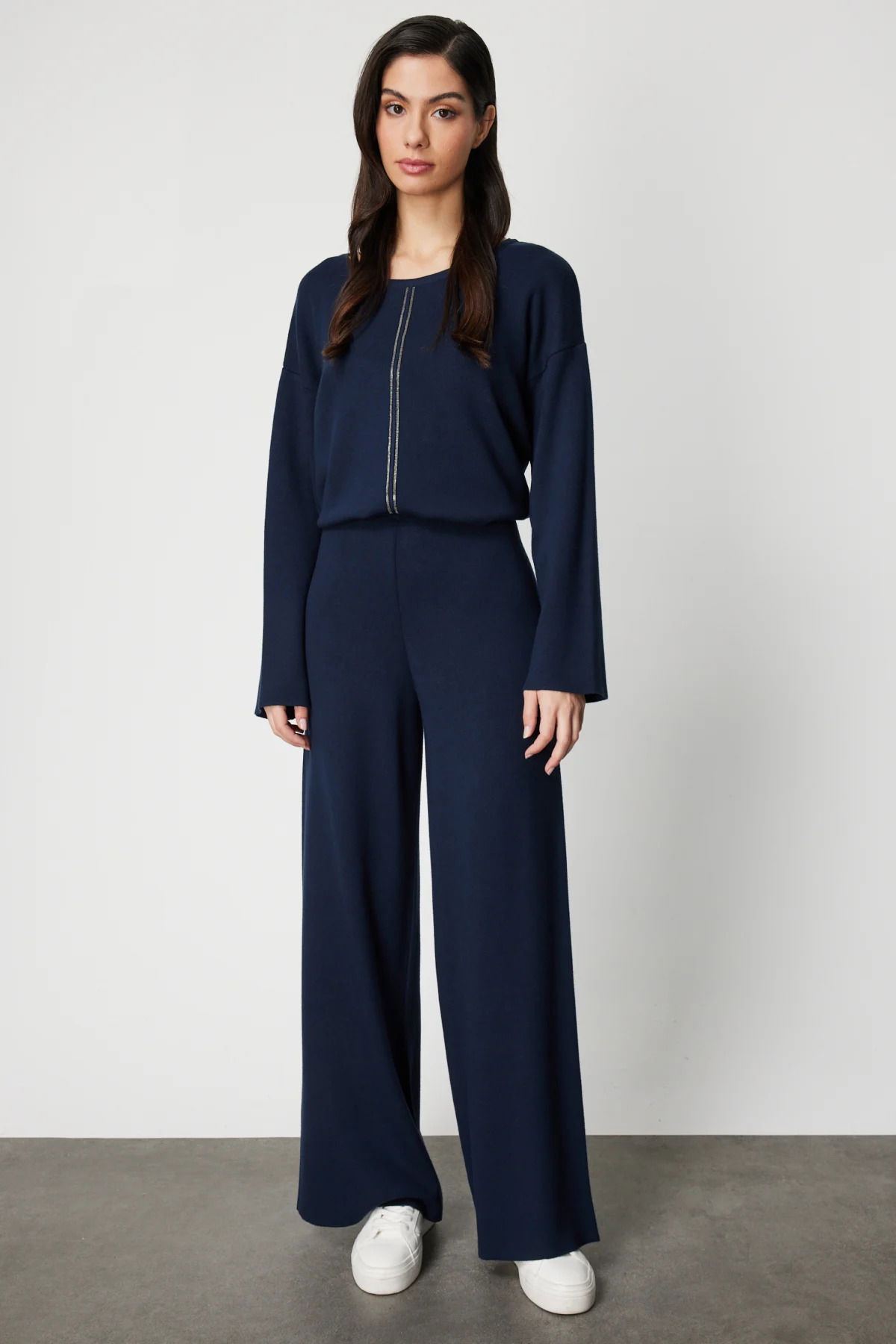 On Kadın Beli Lastikli Bol Paça Triko Pantolon 63321 Lacivert - 1