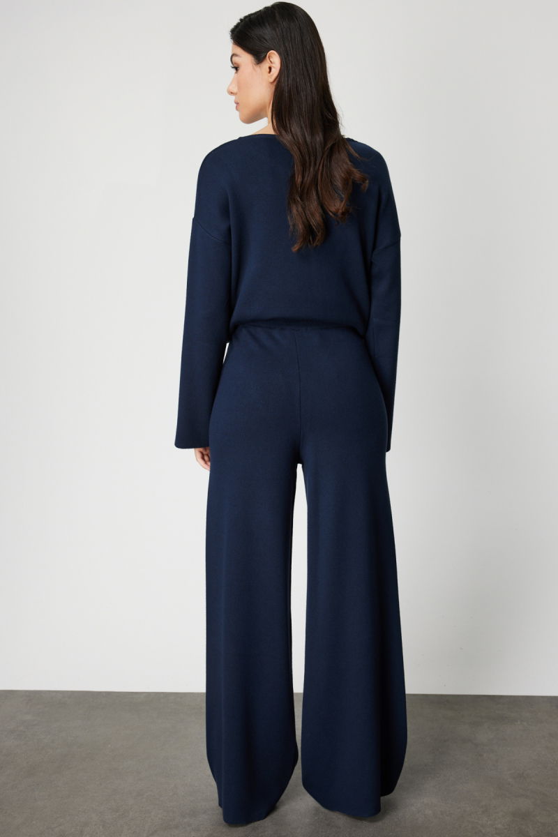 On Kadın Beli Lastikli Bol Paça Triko Pantolon 63321 Lacivert - 4