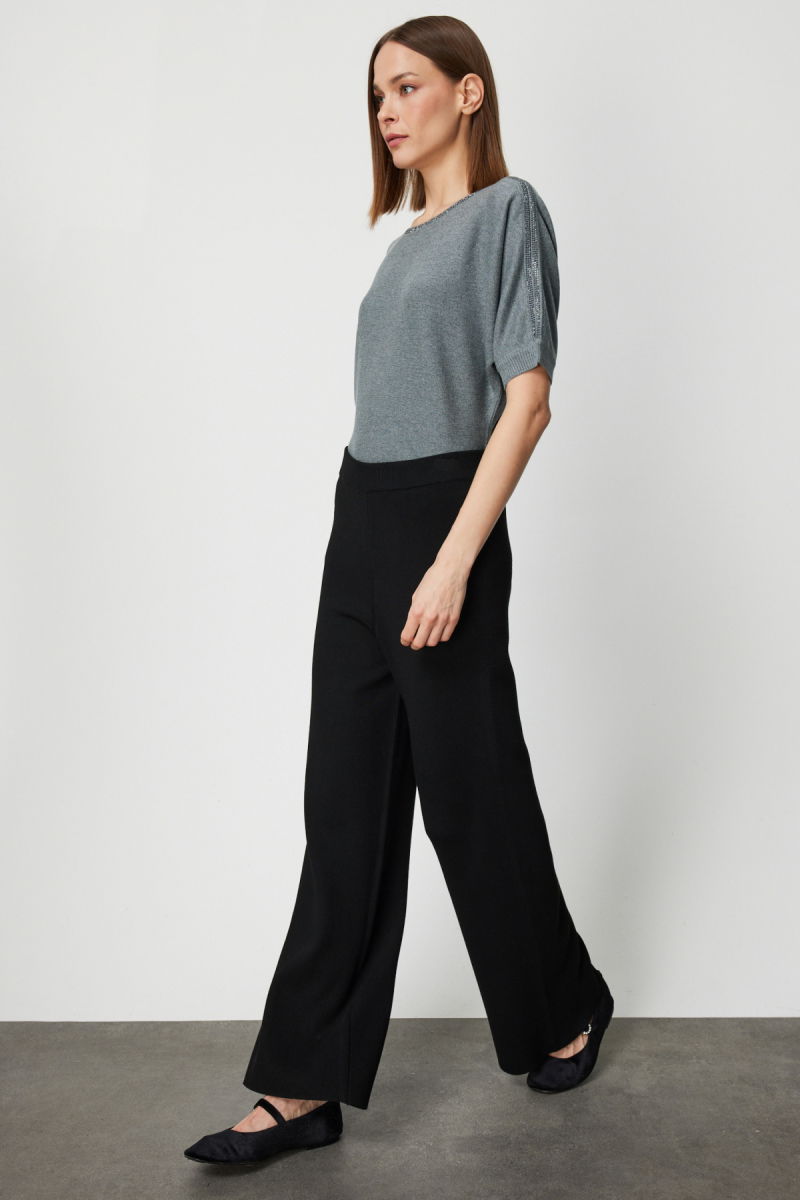 On Kadın Beli Lastikli Bol Paça Triko Pantolon 63321 Siyah - 2