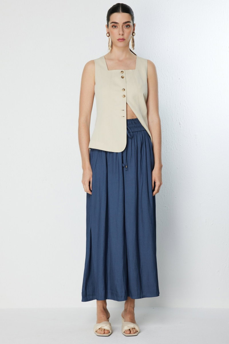 On Kadın Beli Lastikli Geniş Paça Pantolon 70136 Indigo - 2