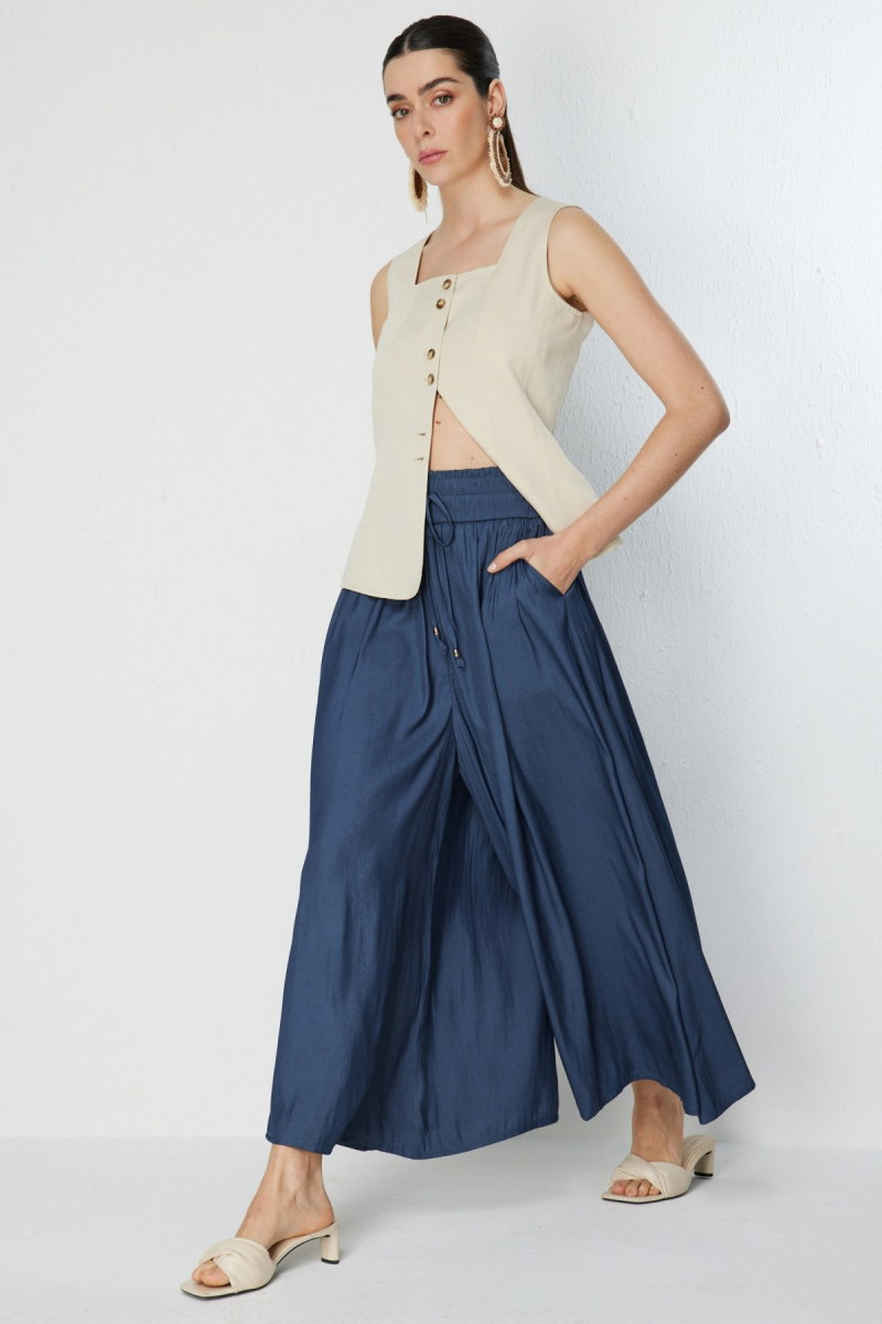 On Kadın Beli Lastikli Geniş Paça Pantolon 70136 Indigo - 3
