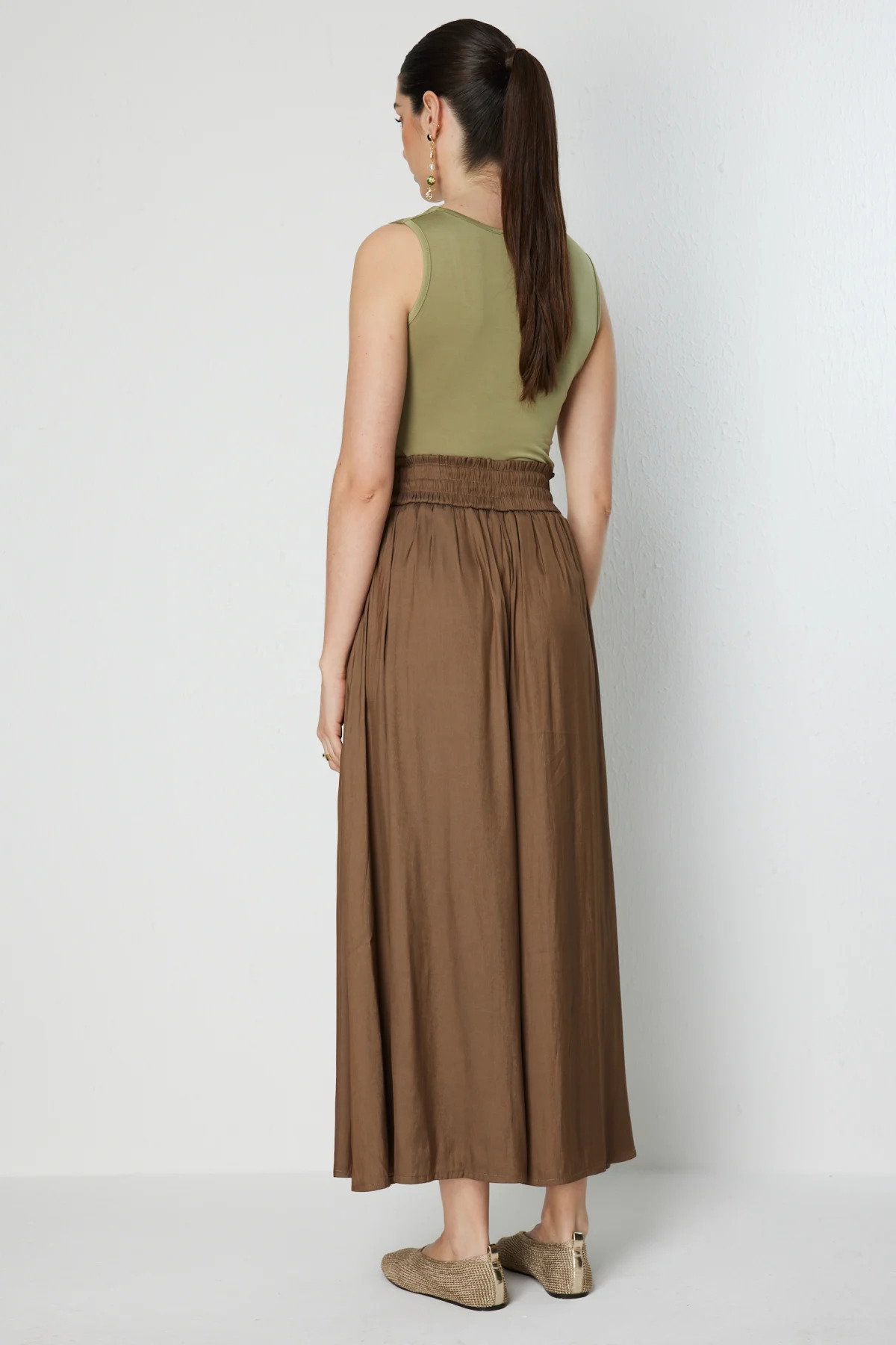 On Kadın Beli Lastikli Geniş Paça Pantolon 70136 Kahverengi - 4