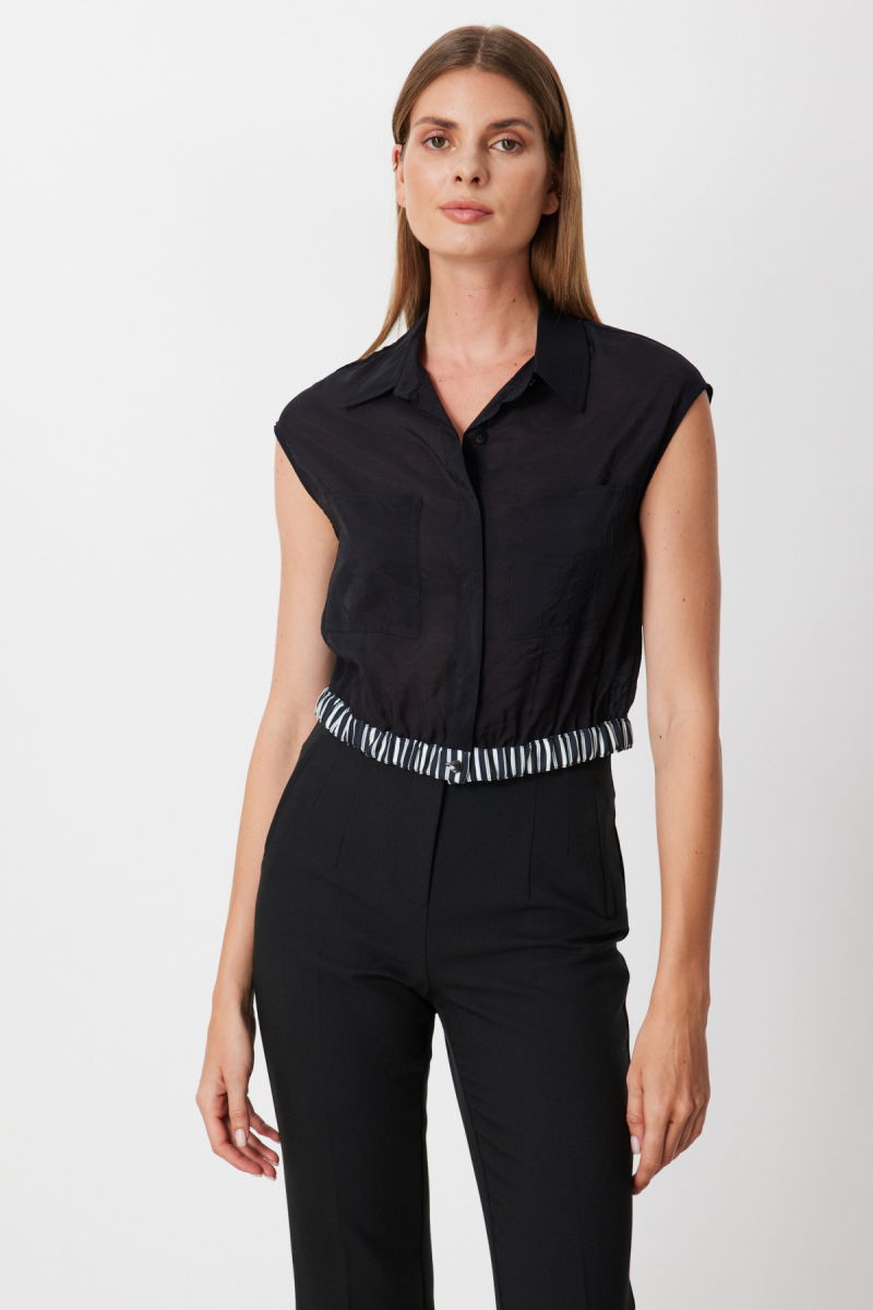 On Kadın Beli Lastikli Kolsuz Gömlek 74902 Siyah - 2