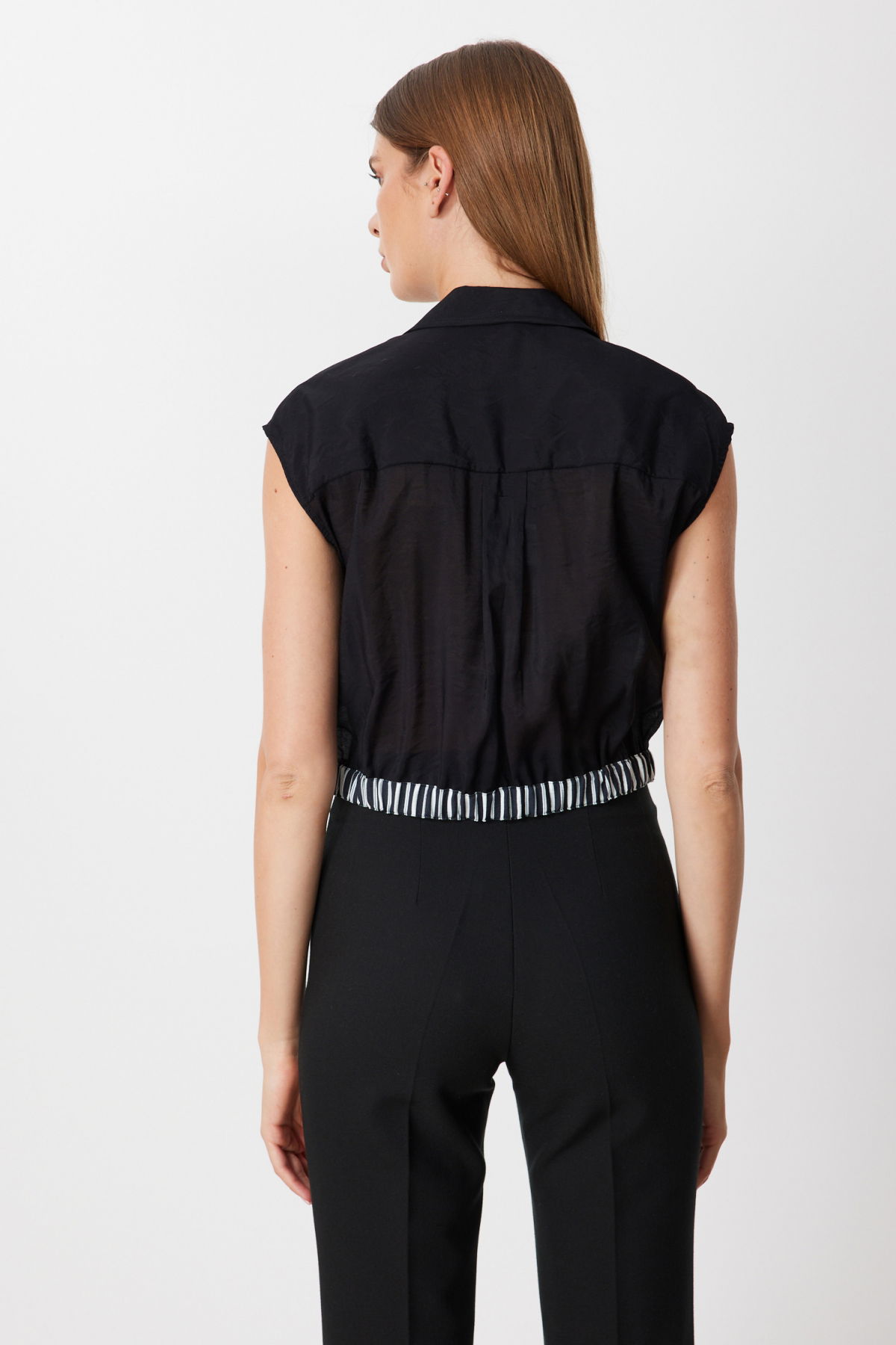 On Kadın Beli Lastikli Kolsuz Gömlek 74902 Siyah - 4