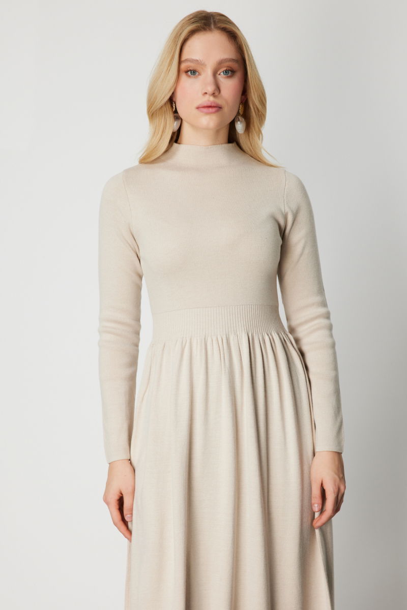 On Kadın Beli Lastikli Maxi Boy Triko Elbise 65495 Bej - 3