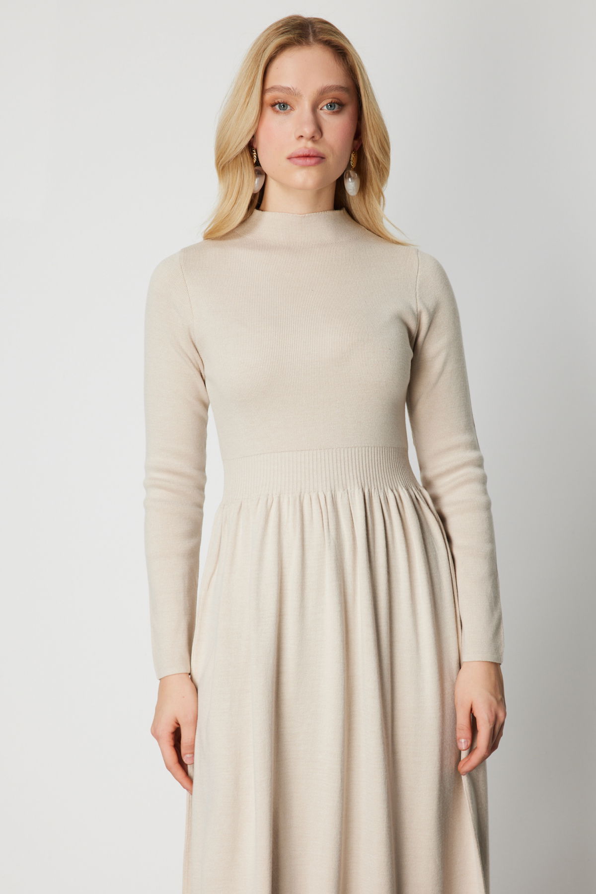 On Kadın Beli Lastikli Maxi Boy Triko Elbise 65495 Bej - 3