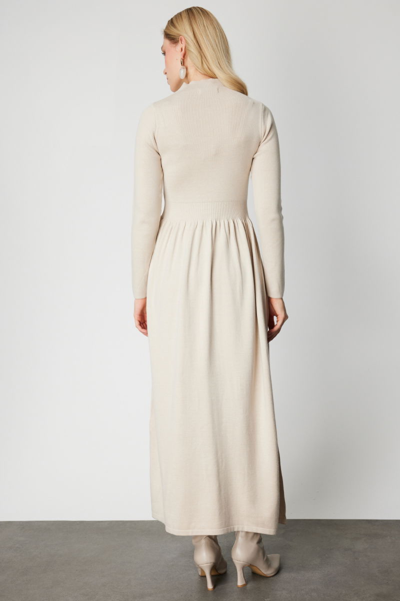 On Kadın Beli Lastikli Maxi Boy Triko Elbise 65495 Bej - 4