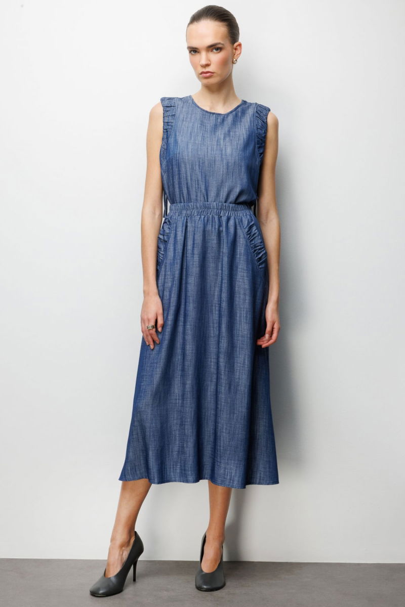 On Kadın Beli Lastikli Maxi Etek 74321 Indigo - 2