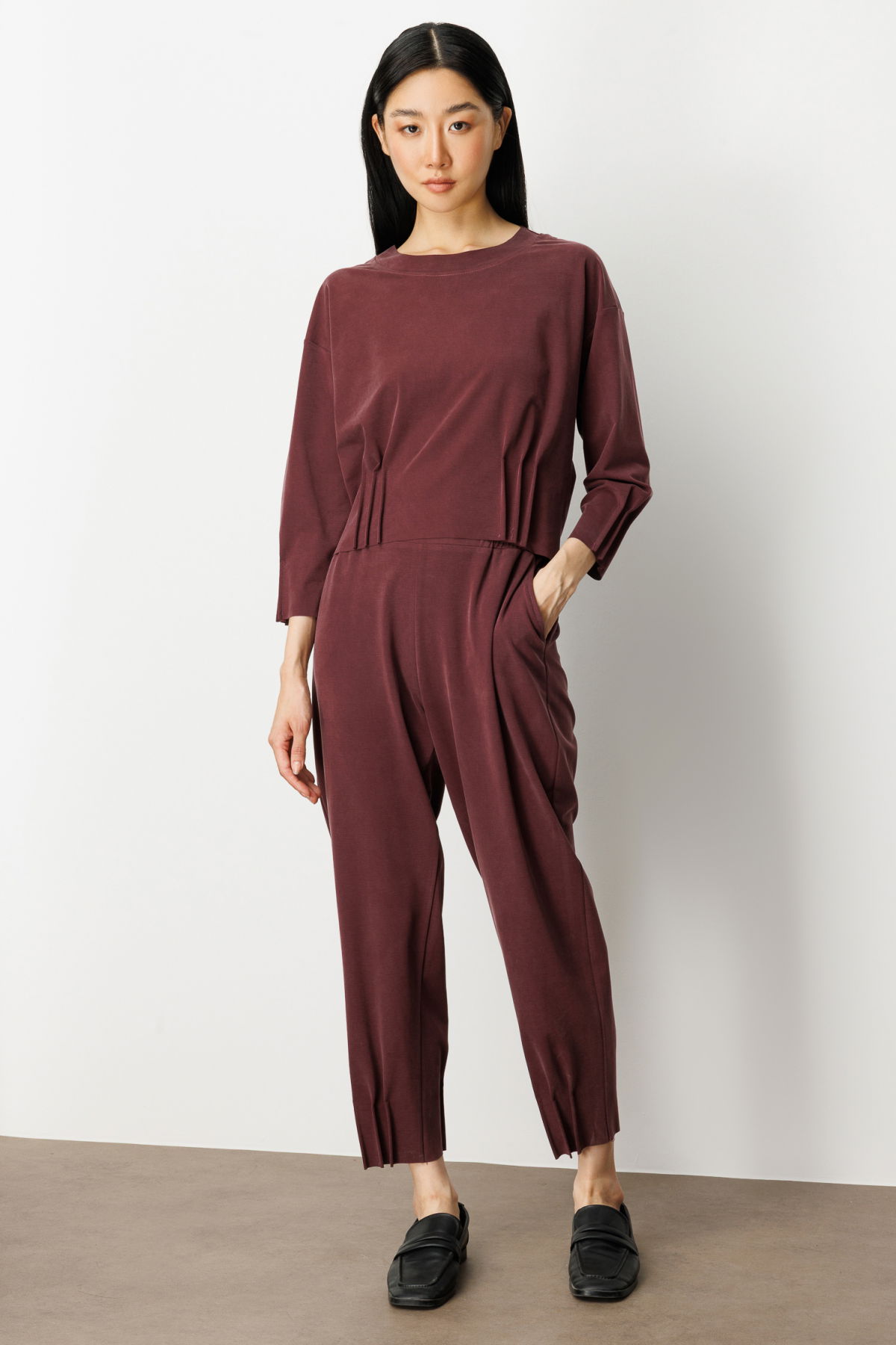 On Kadın Beli Lastikli Paçası Dikişli Pantolon 64409 Bordo - 2