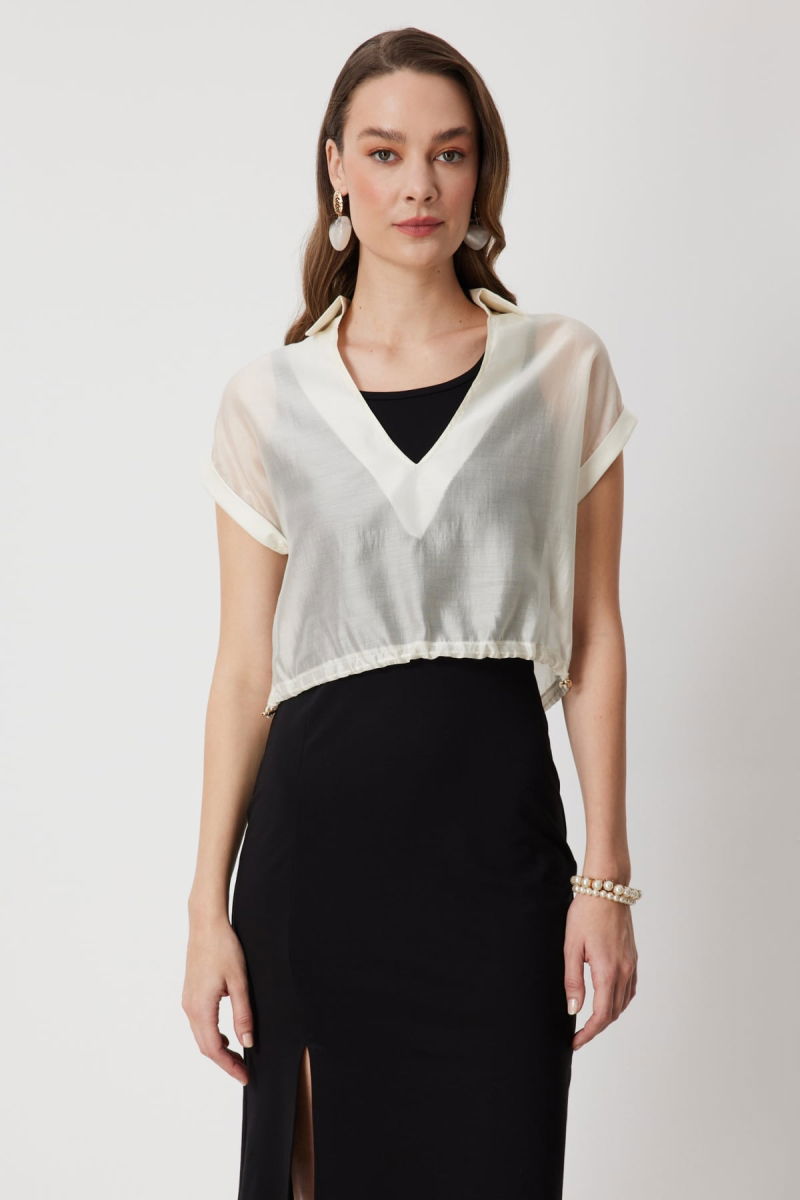 On Kadın Beli Lastikli Sırt Dekolteli Bluz 74347 Krem - On