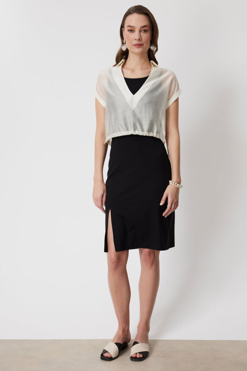 On Kadın Beli Lastikli Sırt Dekolteli Bluz 74347 Krem - 3