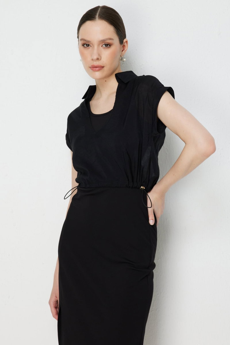 On Kadın Beli Lastikli Sırt Dekolteli Bluz 74347 Siyah 