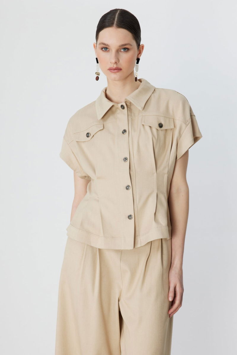 On Kadın Beli Pile Detaylı Kısa Kollu Mont 70700 Bej - On