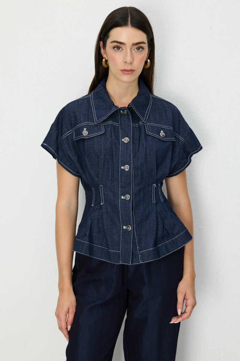 On Kadın Beli Pile Detaylı Kısa Kollu Mont 70700 Indigo - On