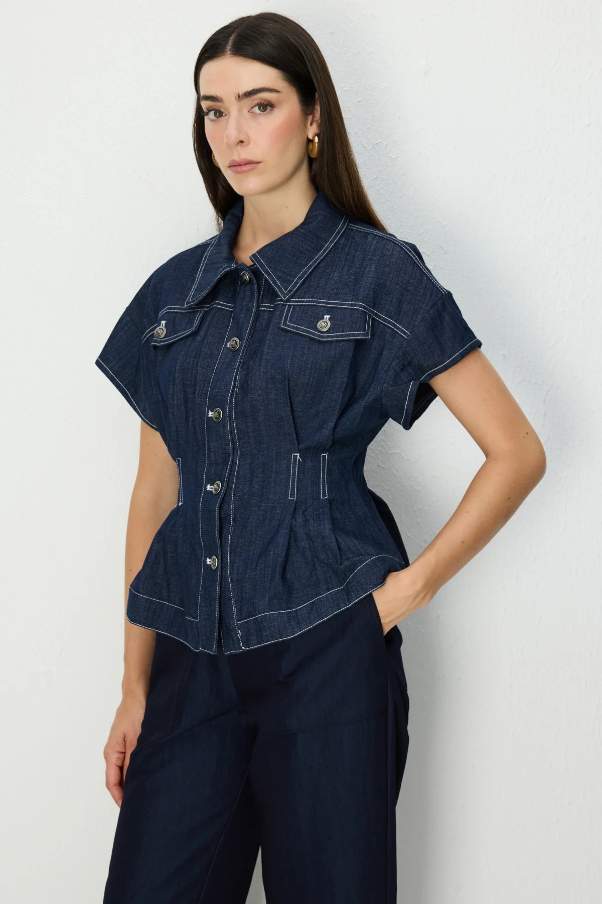 On Kadın Beli Pile Detaylı Kısa Kollu Mont 70700 Indigo - 2