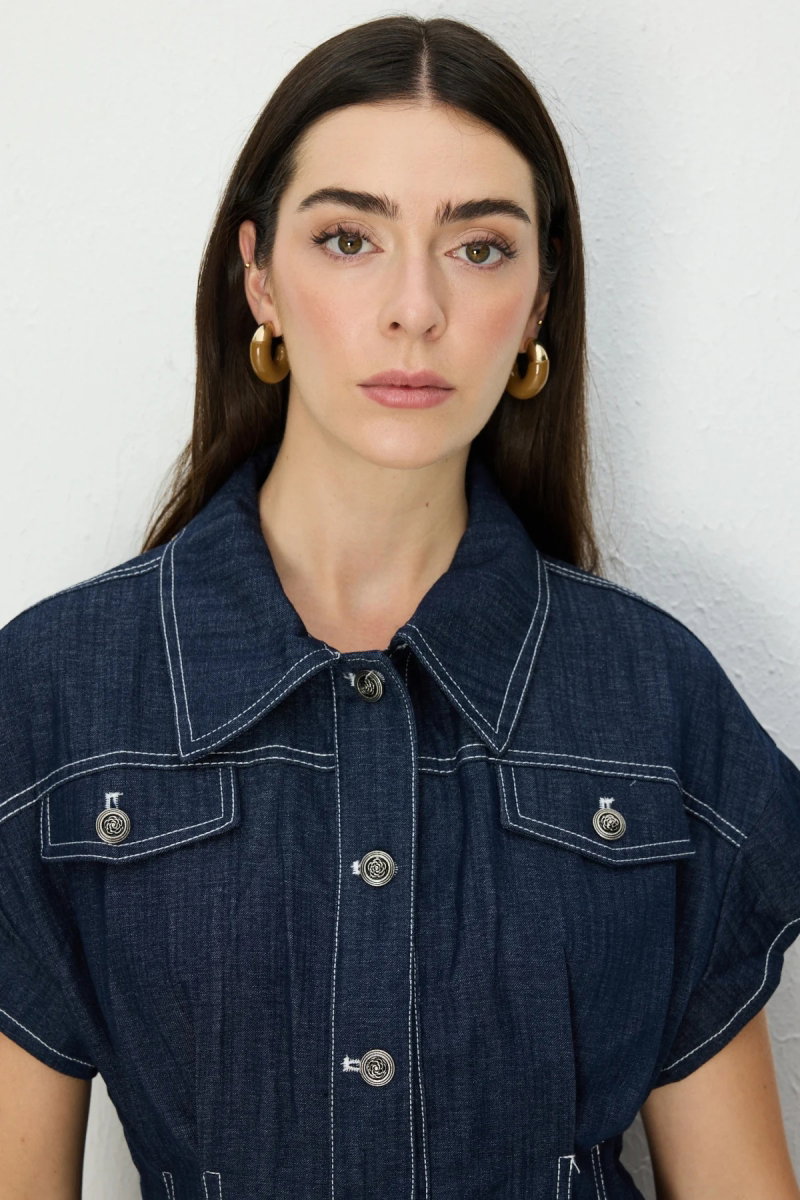 On Kadın Beli Pile Detaylı Kısa Kollu Mont 70700 Indigo - 3
