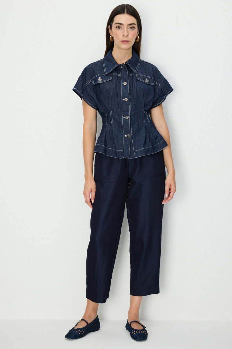 On Kadın Beli Pile Detaylı Kısa Kollu Mont 70700 Indigo - 4