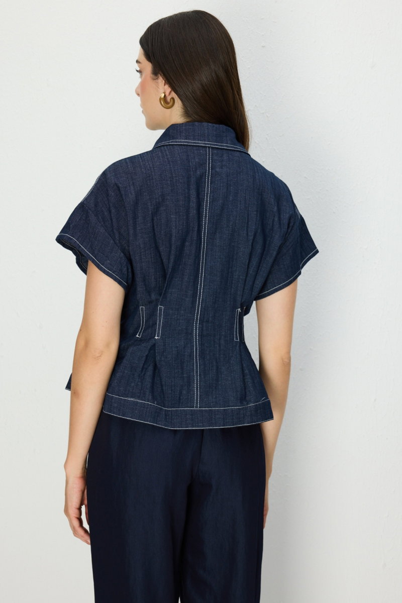 On Kadın Beli Pile Detaylı Kısa Kollu Mont 70700 Indigo - 5