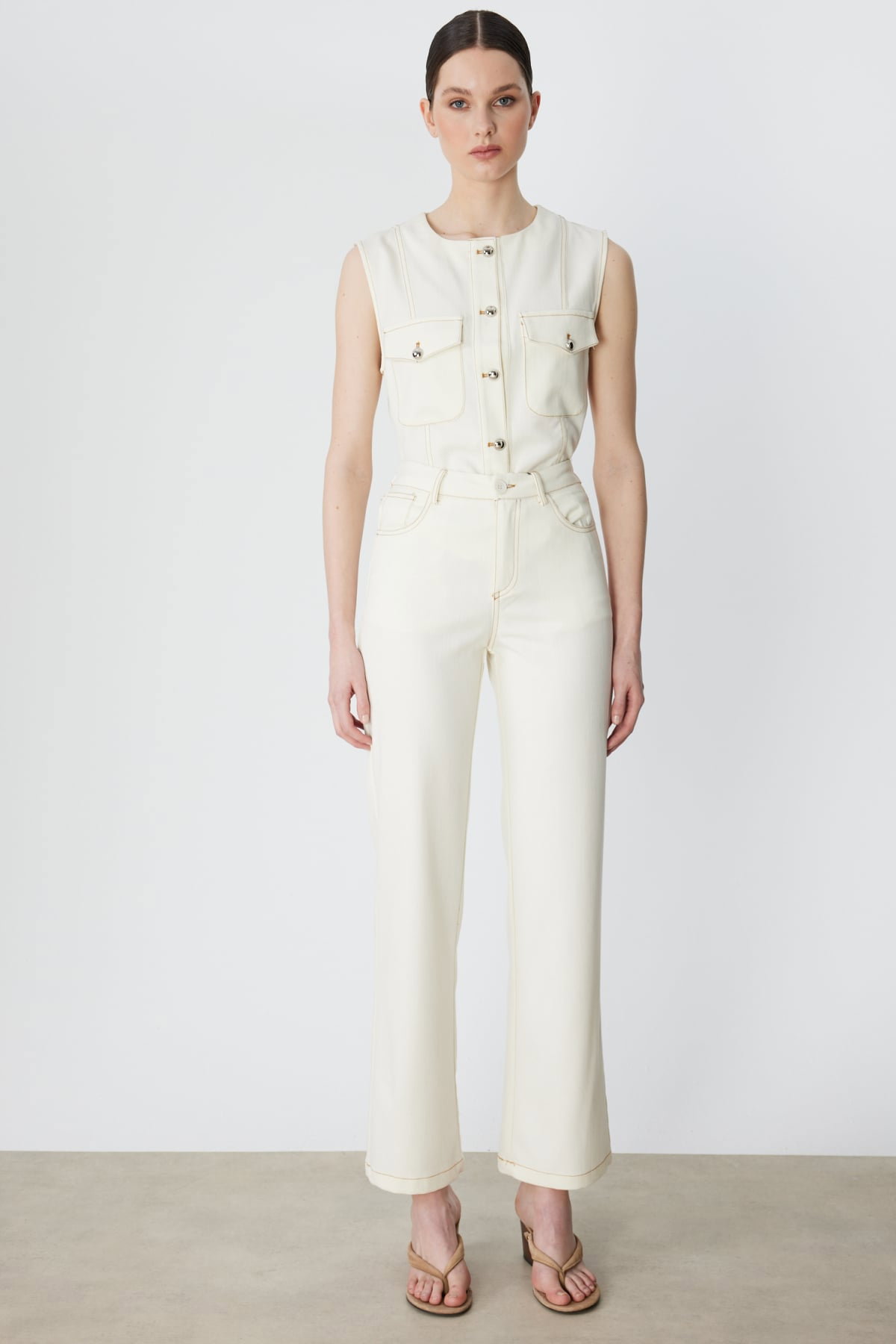 On Kadın Beş Cep Bol Paça Kot Pantolon 70904 Ekru - 1