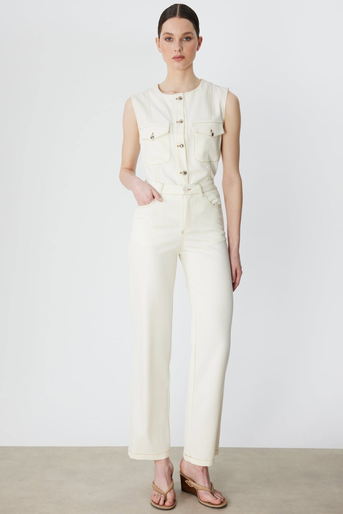 On Kadın Beş Cep Bol Paça Kot Pantolon 70904 Ekru - 2