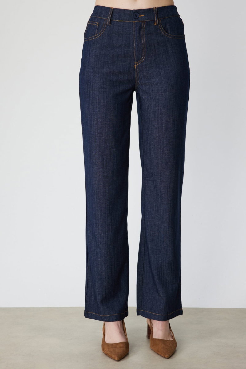On Kadın Beş Cep Bol Paça Kot Pantolon 70904 Indigo - 3