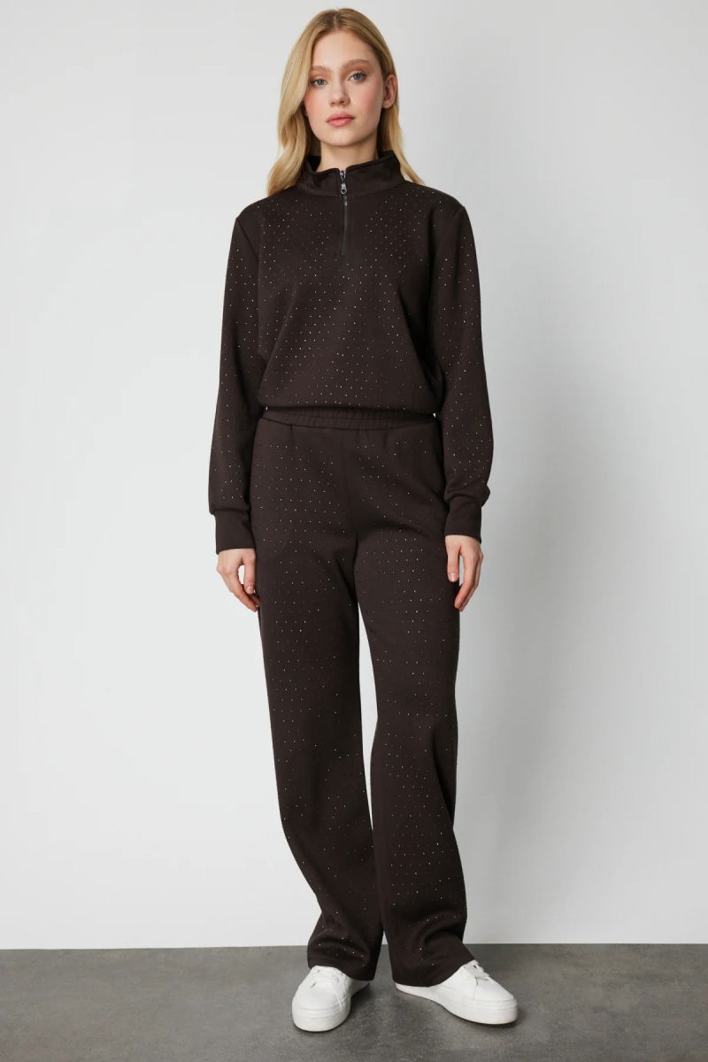 On Kadın Bol Paça Taşlı Eşofman Altı 66365 Kahverengi - 2