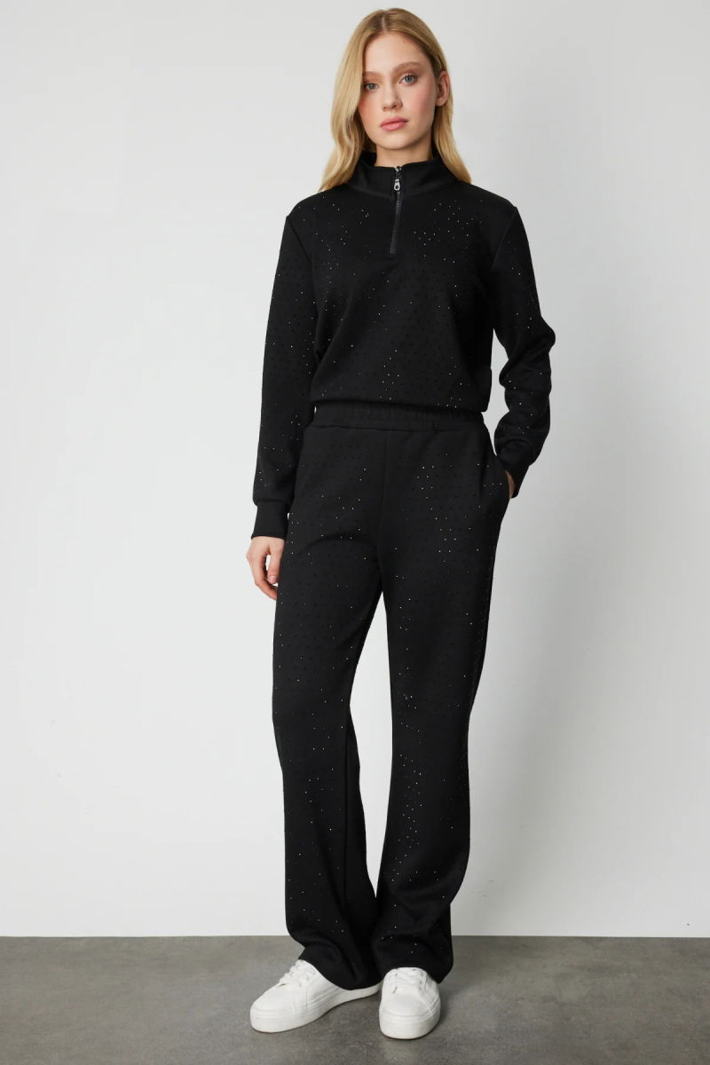 On Kadın Bol Paça Taşlı Eşofman Altı 66365 Siyah - 2