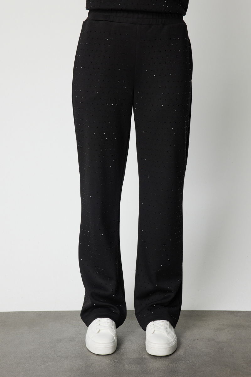 On Kadın Bol Paça Taşlı Eşofman Altı 66365 Siyah - 3