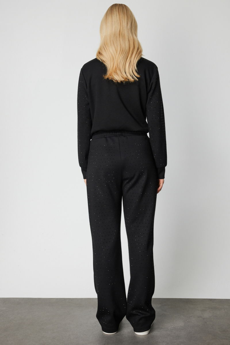 On Kadın Bol Paça Taşlı Eşofman Altı 66365 Siyah - 4