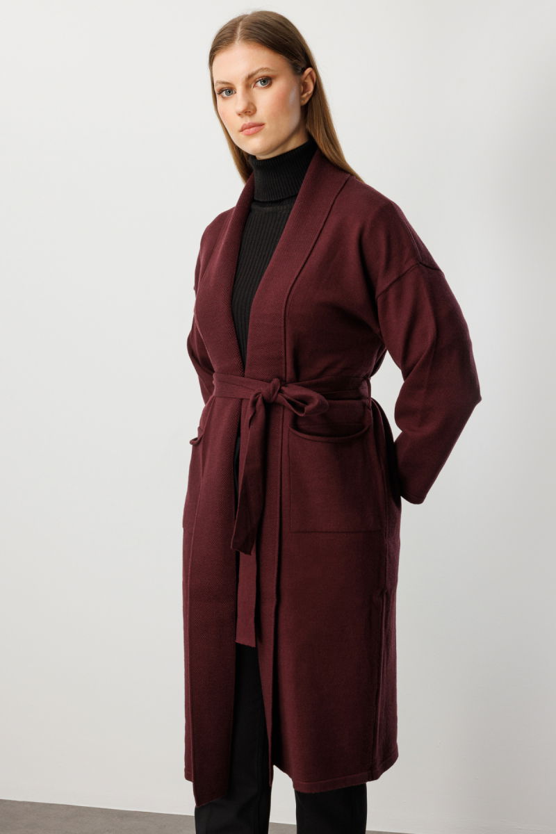 On Kadın Büyük Beden Beli Kuşaklı Şal Yaka Hırka 60900 Bordo - 2