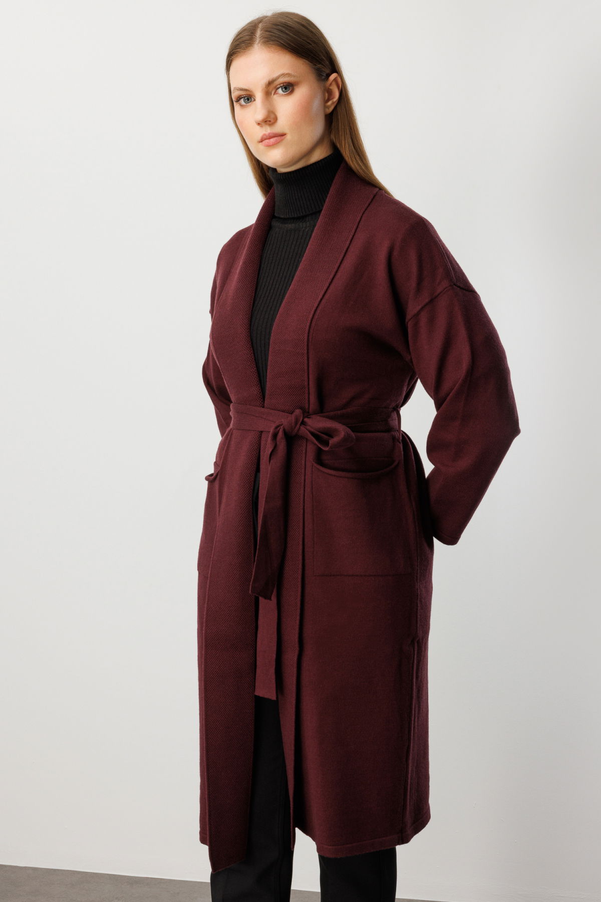 On Kadın Büyük Beden Beli Kuşaklı Şal Yaka Hırka 60900 Bordo - 2
