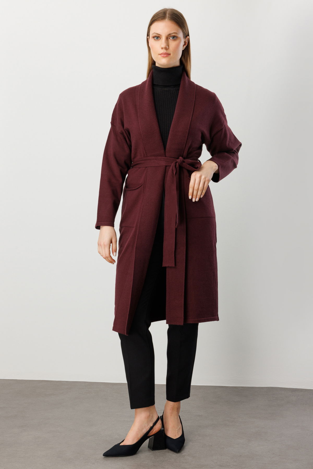 On Kadın Büyük Beden Beli Kuşaklı Şal Yaka Hırka 60900 Bordo - 3