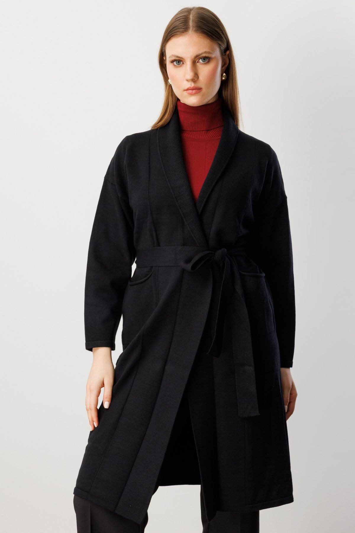 On Kadın Büyük Beden Beli Kuşaklı Şal Yaka Hırka 60900 Siyah - 1