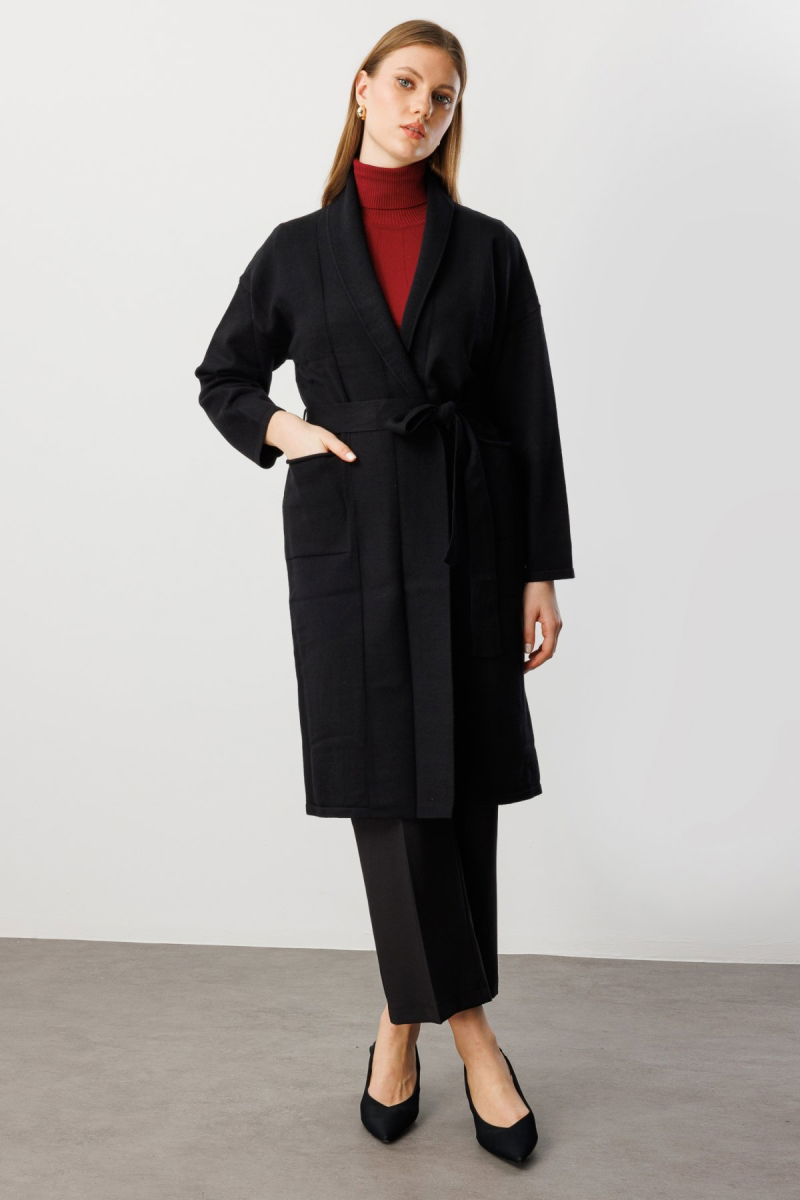 On Kadın Büyük Beden Beli Kuşaklı Şal Yaka Hırka 60900 Siyah - 3