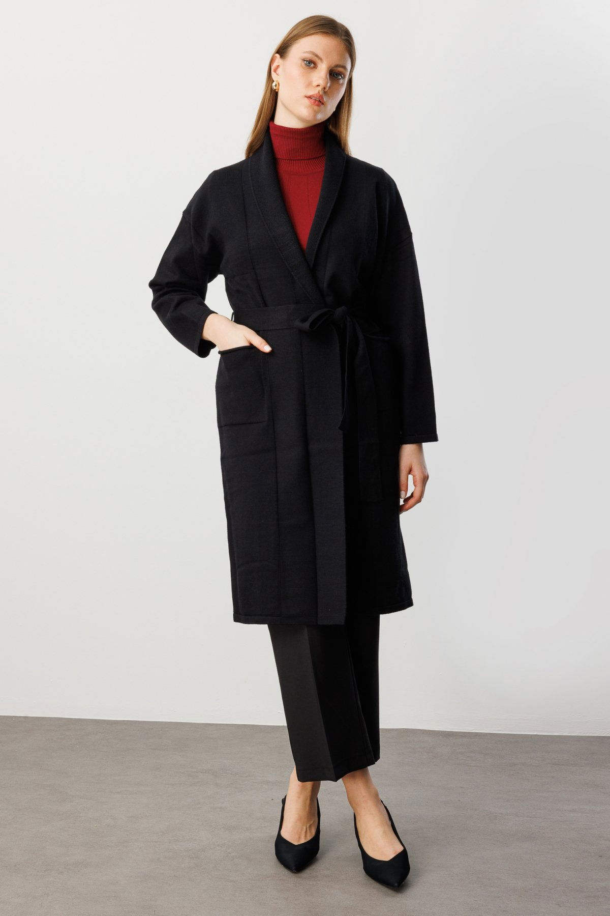 On Kadın Büyük Beden Beli Kuşaklı Şal Yaka Hırka 60900 Siyah - 3