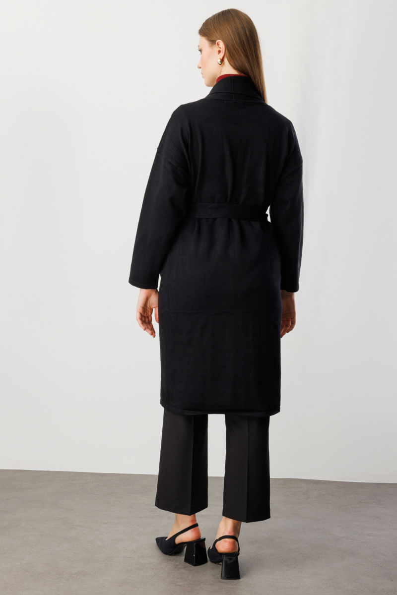 On Kadın Büyük Beden Beli Kuşaklı Şal Yaka Hırka 60900 Siyah - 4