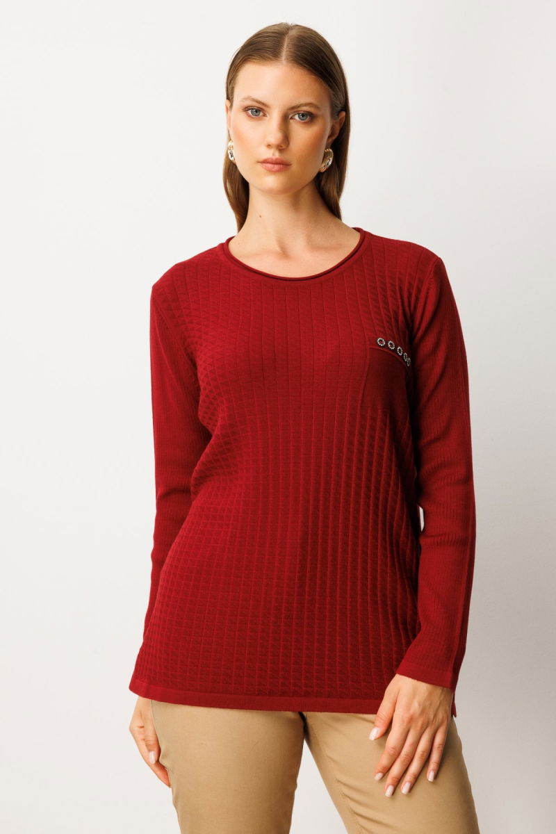 On Kadın Büyük Beden Cebi Taşlı Triko Kazak 65354 Bordo - On