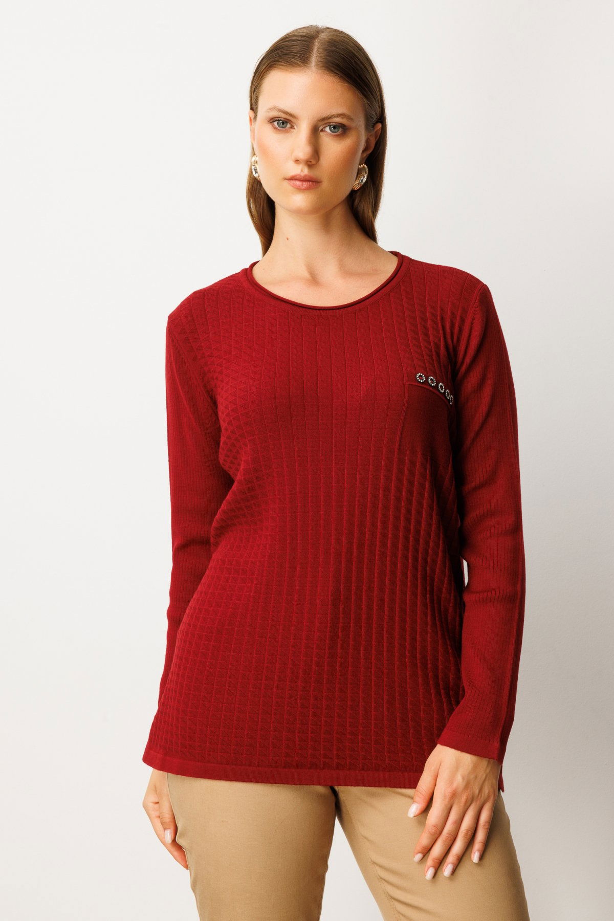On Kadın Büyük Beden Cebi Taşlı Triko Kazak 65354 Bordo - 1
