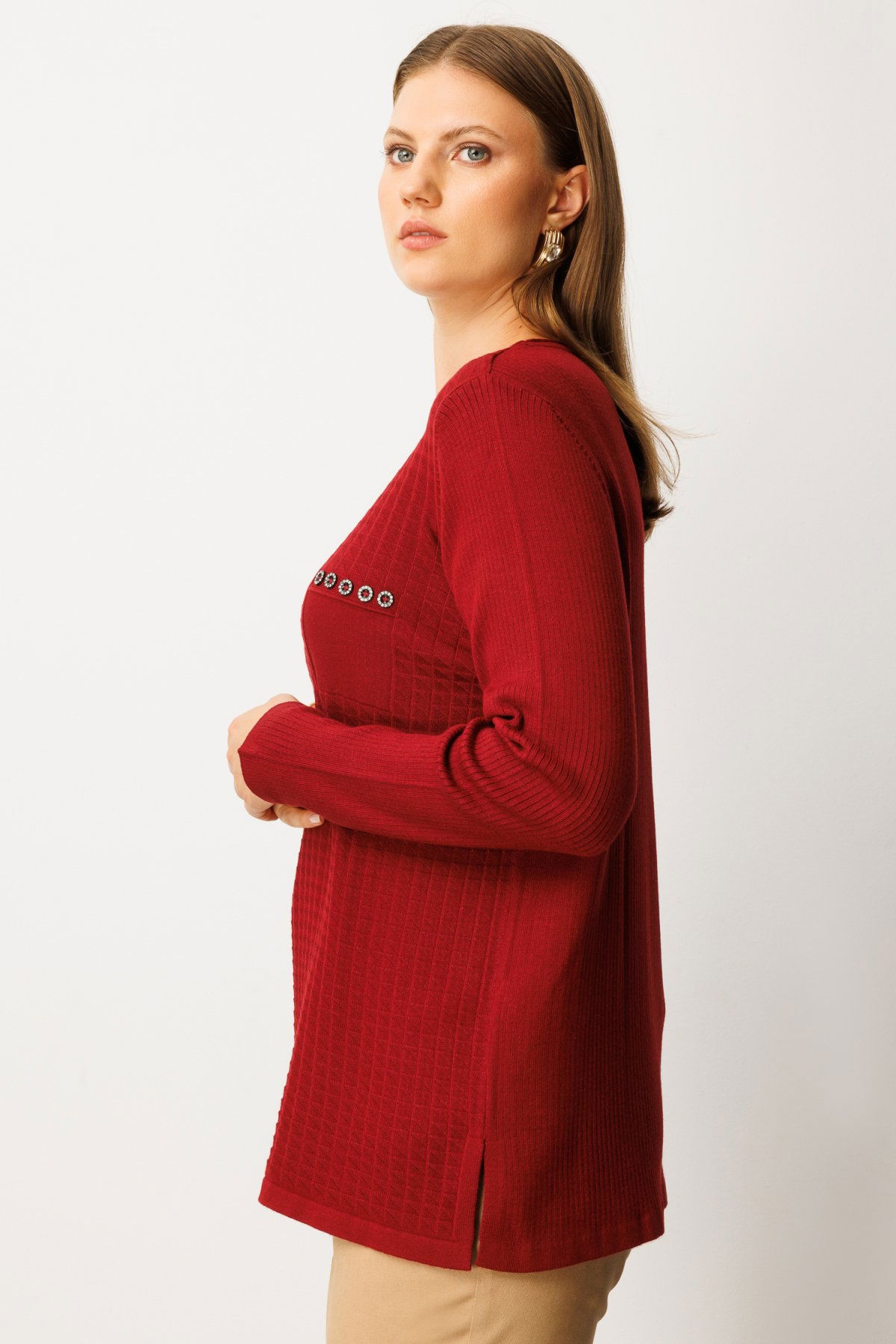 On Kadın Büyük Beden Cebi Taşlı Triko Kazak 65354 Bordo - 2
