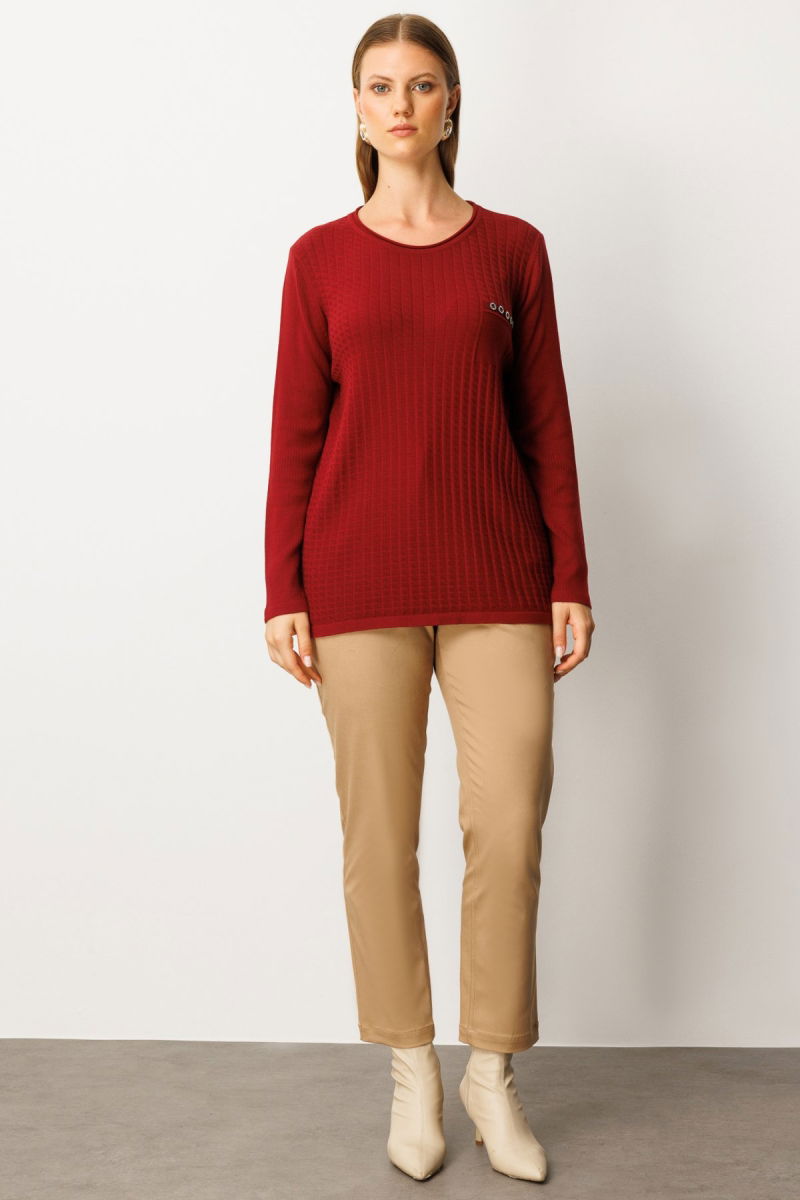 On Kadın Büyük Beden Cebi Taşlı Triko Kazak 65354 Bordo - 3